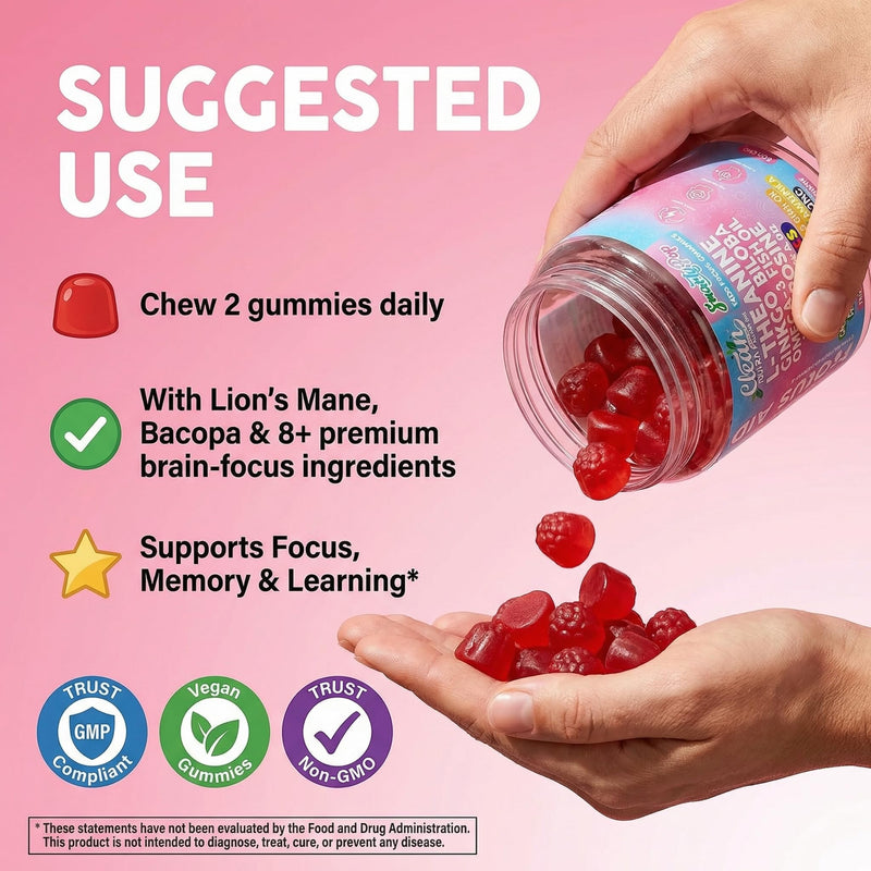 Clean Nutra Kids Focus Gummies with L-Theanine, Ginkgo Biloba, Omega-3 Fish Oil, L-Tyrosine, Vitamin B6, B12-60 Count, Clean Label, Non-GMO, Vegan-Friendly SmartyPop Formula for Kids Support