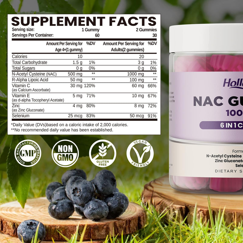 6 in 1 NAC Gummies, Chewable N Acetyl Cysteine 1000mg Supplement for Kids & Adults, with ALA, Zinc, Vitamin C & E, Selenium, Support Antioxidant & Immune System, Blueberry Flavor, Sugar Free, 60 Ct
