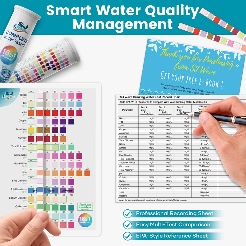 SJ WAVE 22 in 1 Water Test Kits - 125 Strips Drinking Water Test Kit, Home Tap and Well Water Tester for Bacteria pH Hardness Lead Iron Copper Chlorine Cyanuric Acid