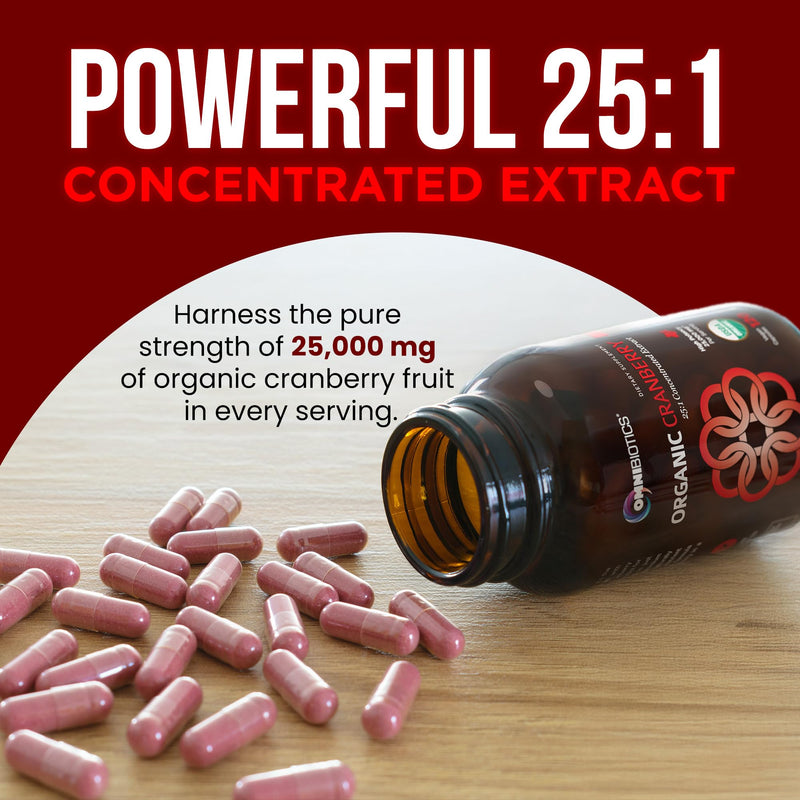 OmniBiotics USDA Organic Cranberry Pills for Women - High Potency 25,000 mg Supplement with 25:1 Fruit Extract - Daily Urinary Tract Support - 120 Vegan Capsules
