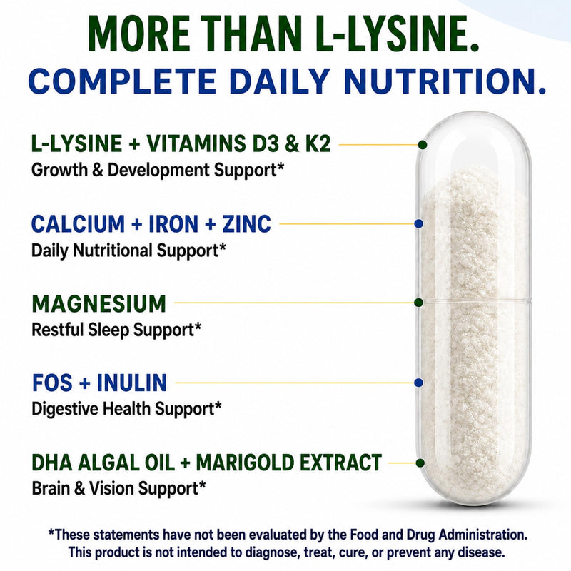 Height Growth Supplement, Bone Strength Support for Ages 6–12 | Premium Multivitamin Formula with L-Lysine, Vitamins D3 & K2, Calcium and Amino Acids for Nutritional Support, 120 Capsules 60 Count (Pack of 2)