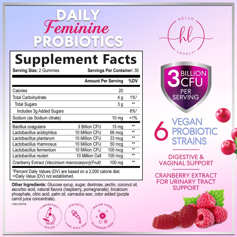 Probiotics for Women Gummies with Cranberry - 6 Premium Strains for PH Balance - Women Probiotics for Digestive Health, Vaginal & Immune Support, Women's Probiotic Feminine Health Gummy - 60 Gummies 60 Count (Pack of 1)