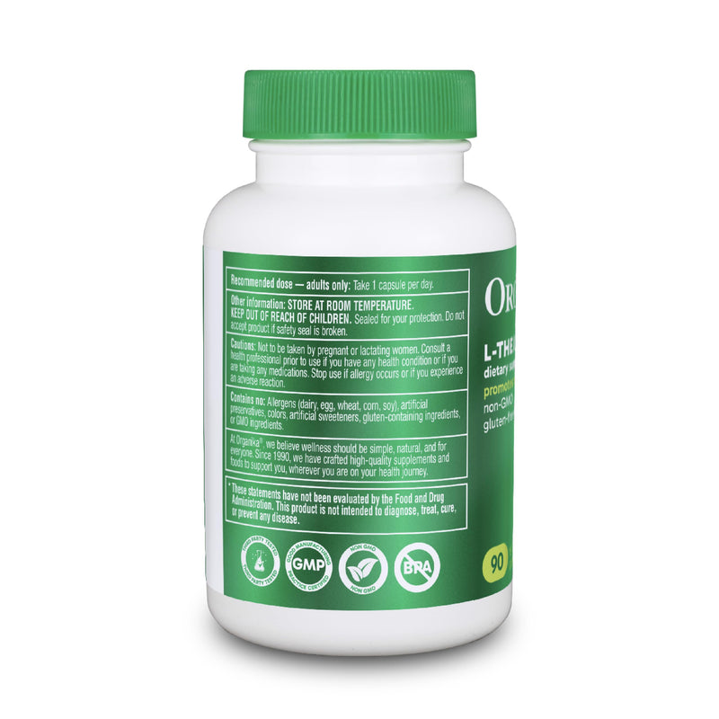 Organika L-Theanine Supplement 8 oz - 90 Capsules: 90 Day Supply of Clean Bioavailable L Theanine for Relaxation, Balance, and Calm - Easy-to-Swallow Single Capsule Servings Unflavored