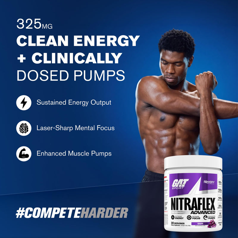 GAT SPORT NITRAFLEX Advanced, Grape, 10.9 oz (30 Servings) | Pre-Workout Powder, Energy Drink Mix, Supports Healthy Blood Flow, Boosts Strength & Energy, Creatine-Free