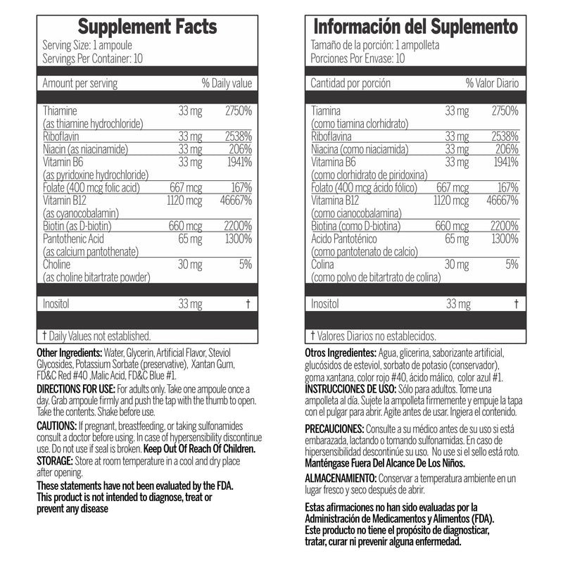 50,000 - Vitamin B Complex Liquid Supplement, Immune Support, Non-GMO, 10 Ampoules (3.4 fl oz / 100 ml)