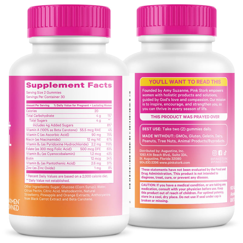 Pink Stork Fertility + Prenatal + Postnatal Gummy Vitamins, 60 Count | Full Motherhood Journey Support, Folate, B Vitamins, Zinc & Biotin, Postpartum Essentials, Assorted Fruit
