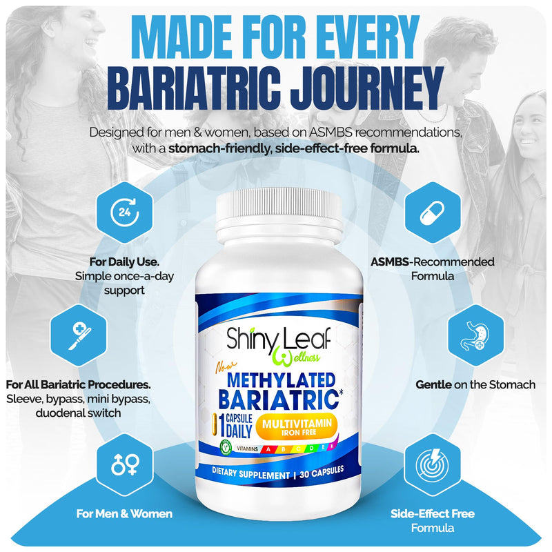 Shiny Leaf Bariatric Multivitamin Without Iron, Methylated B12, 30 Count | Iron-free, methylated folate and B12, plus A, C, D, K. Vegetarian, soy-free 30 Count (Pack of 1)