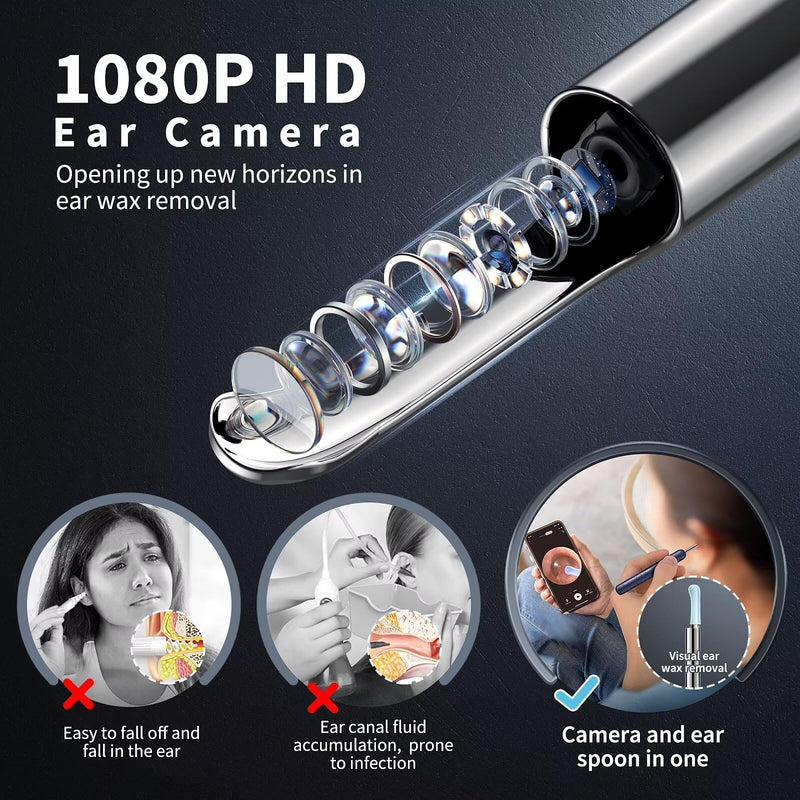 Ear Wax Removal, Ear Cleaner with Camera and Light, Ear Wax Removal Kit with 8 Pcs Set, Ear Wax Removal Tool Camera with 1080P, Ear Cleaning Kit with 6 Spoons, Ear Camera for iOS & Android (Blue) Blue - BeesActive Australia