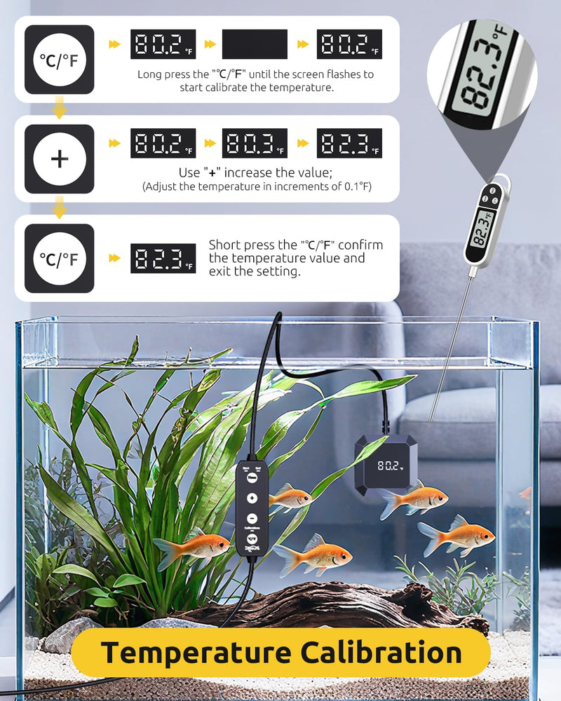 Aquarium Thermometer Submersible, Digital Fish Tank Thermometers with USB for GlassTank, Aquariums Temperature Gauge ±1℉ Accurate, Suitable for Fish, Turtle, Saltwater or Freshwater, 6.56ft Power Cord Black