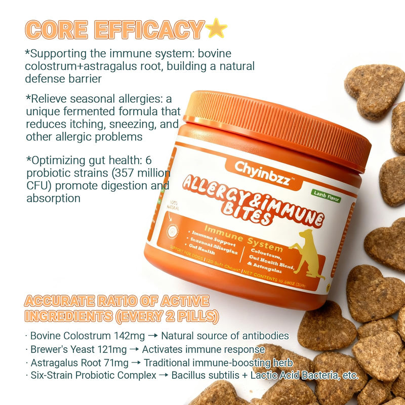Dog Allergy Chews - Yeast Balance & Itching Relief, Immune and Skin Support for Seasonal Allergies, Gut Health Blend, Lamb Flavor, 120 Soft Chews Allergy Relief