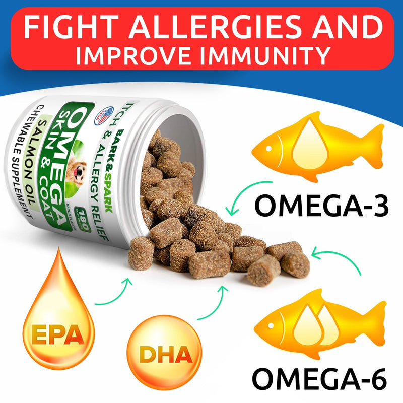 Omega 3 for Dogs and Cats - 180 Fish Oil Treats for Dog Shedding, Skin Allergy, Itch Relief, Hot Spots Treatment - Joint Health - Skin and Coat Supplement - EPA & DHA Fatty Acids - Salmon Oil - Bacon 180Ct (Skin&Coat Health)