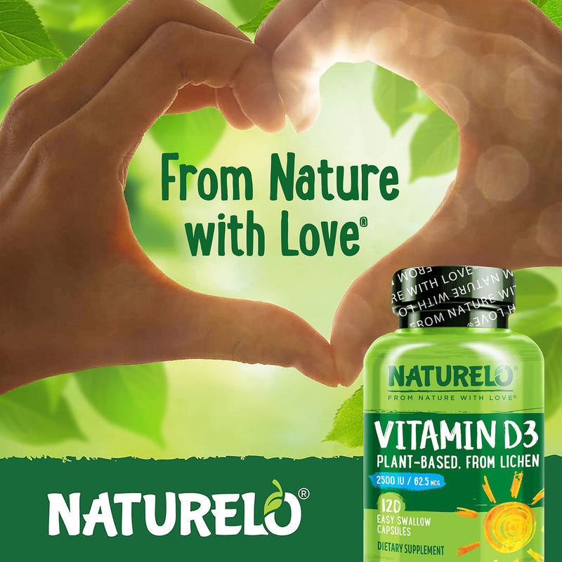 NATURELO Vitamin D3 2500 IU, Joint Support & Bone Health, 120 Count | Vegan D3 Supplement, Vitamin D Supplements for Immune System, Plant-Based Capsules, Non-GMO, Gluten Free Unflavored 120 Count (Pack of 1)