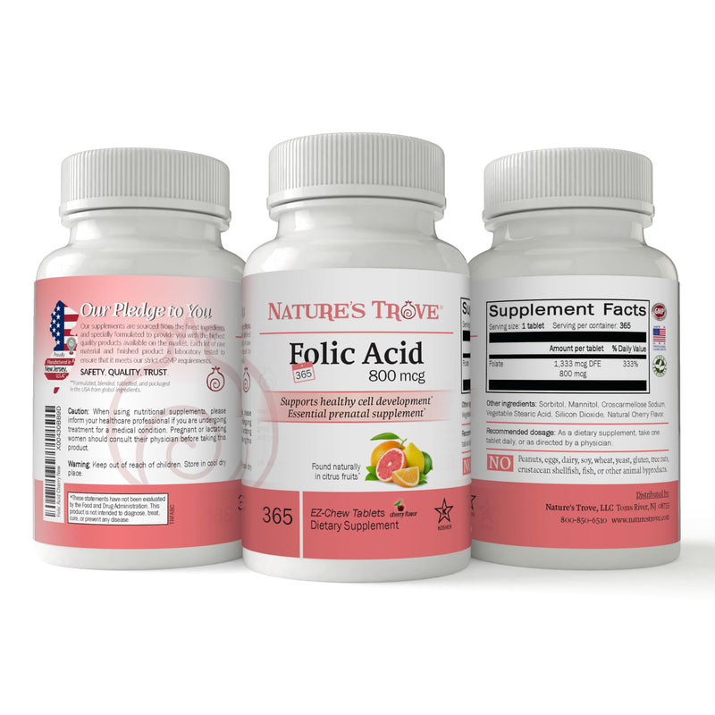 Nature's Trove Folic Acid 800 mcg (B9 Vitamin) 365 EZ Chew Tablets Cherry Flavor