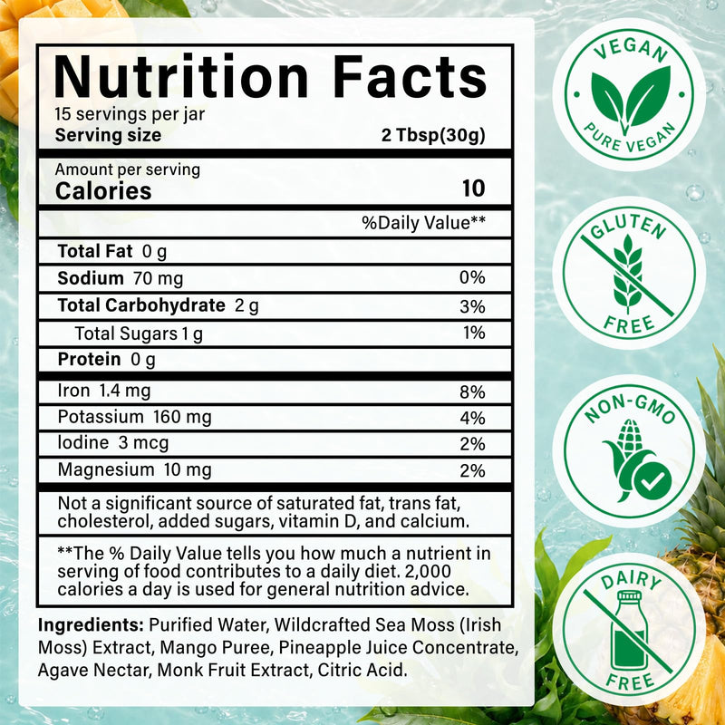 Wildcrafted Organic Sea Moss Gel, Mango & Pineapple Flavor, 16 oz | Sea Moss Gel, Rich in Nutrients, Vegan, Non-GMO