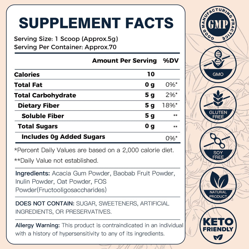 DRFOSTER Soluble Fiber Supplement Powder Unflavored - 5g, 70 Servings | Prebiotic Fiber with Acacia Fiber & Inulin Powder for Digestive Health and Regularity | Gluten & Sugar Free, Vegan