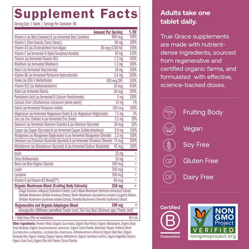 True Grace One Daily Women’s Multivitamin 40+ Fermented Minerals, Organic Adaptogens & Mushrooms Energy, Immune, Bone Support - Non-GMO - Iron, Gluten & Soy Free - 90 Vegan Tablets 90 Day Supply