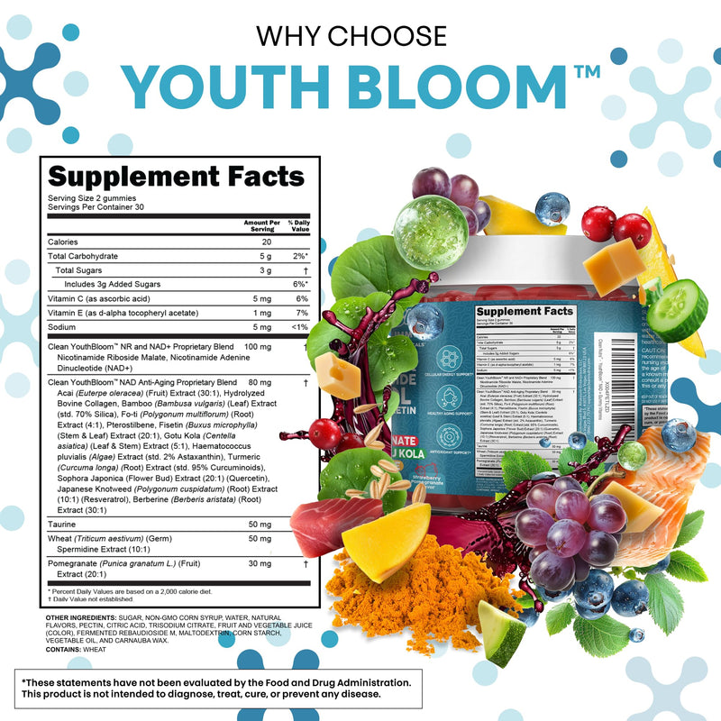 Youth Bloom NAD+ Supplement Gummies Resveratrol Fisetin Wheat Germ Berberine Taurine Turmeric Collagen Astaxanthin Nicotinamide Gotu Kola Pomegranate Vitamin C & E 60 Ct by Clean Nutra