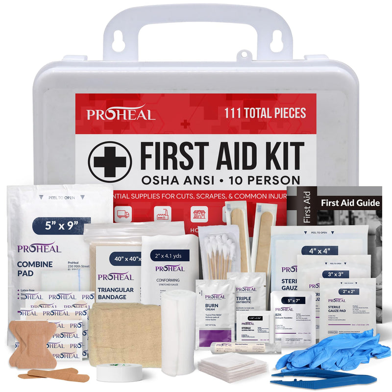 OSHA Compliant First Aid Kit - 10 Person, Type III, ANSI Class A, 111 Pieces Emergency Kit for Business, Office, Home, Workplace, Truck, Car & Construction Site - Latex Free, Wall Mountable | ProHeal 10 Person Kit