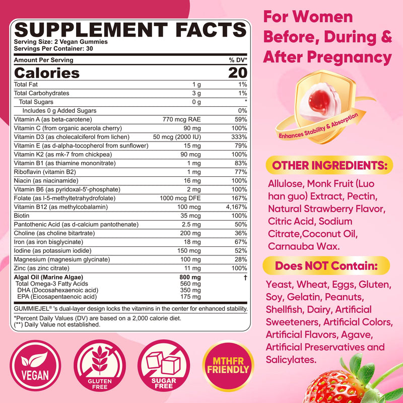 Prenatal Vitamins for Women Gummies w/ Methylfolate 1mg, Omega 3 DHA 800mg | Iron, Choline, Iodine, Vitamin D3 B6 B12 - Multivitamin for Women Before, During & After Pregnancy, Sugar Free, Vegan, 120Cts 60 Count (Pack of 2)