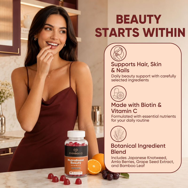 NutraBoost Beauty Gummies | Beauty Support Formula with Amino Acids, Bamboo Silica, Resveratrol, Biotin & Vitmain C | Support Skin, Nails & Hair Growth | Citrus Flavor, 30 Days Supply
