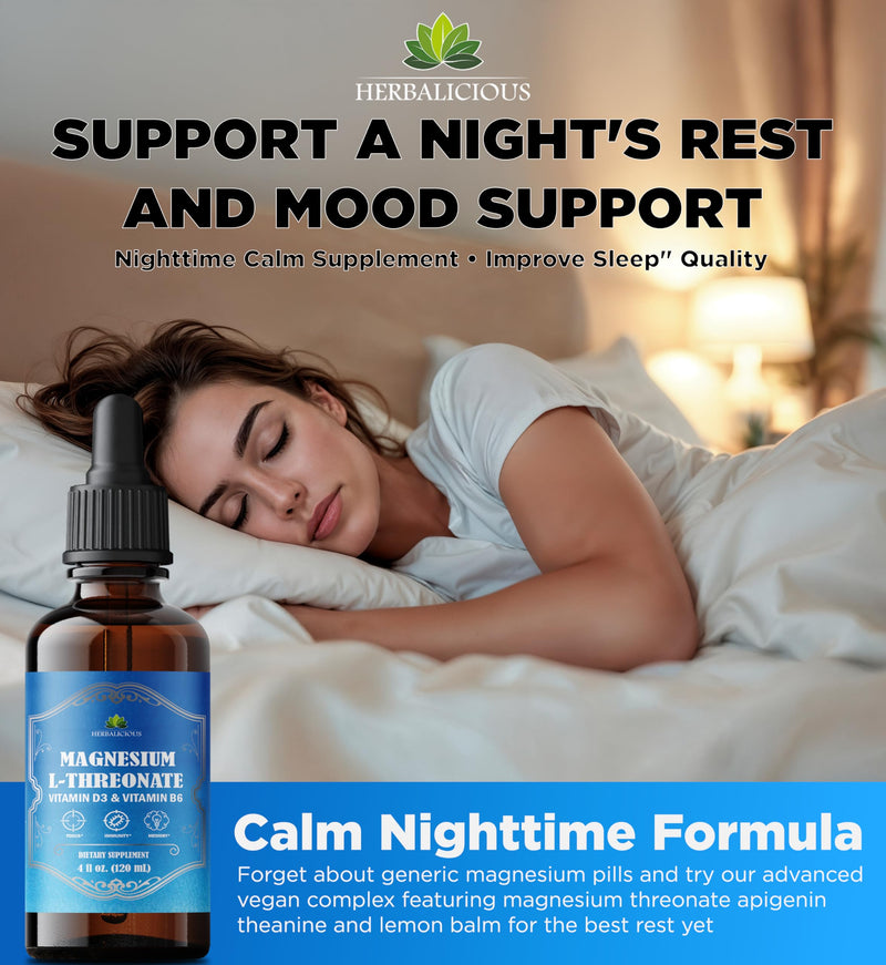 HERBALICIOUS Magnesium Complex Liquid with Vitamin D3 & B6 – High Absorption Citrate, Glycinate & L-Threonate – Supports Energy, Mood, Relaxation, Bone Health & Immunity – 4 oz Liquid Drops