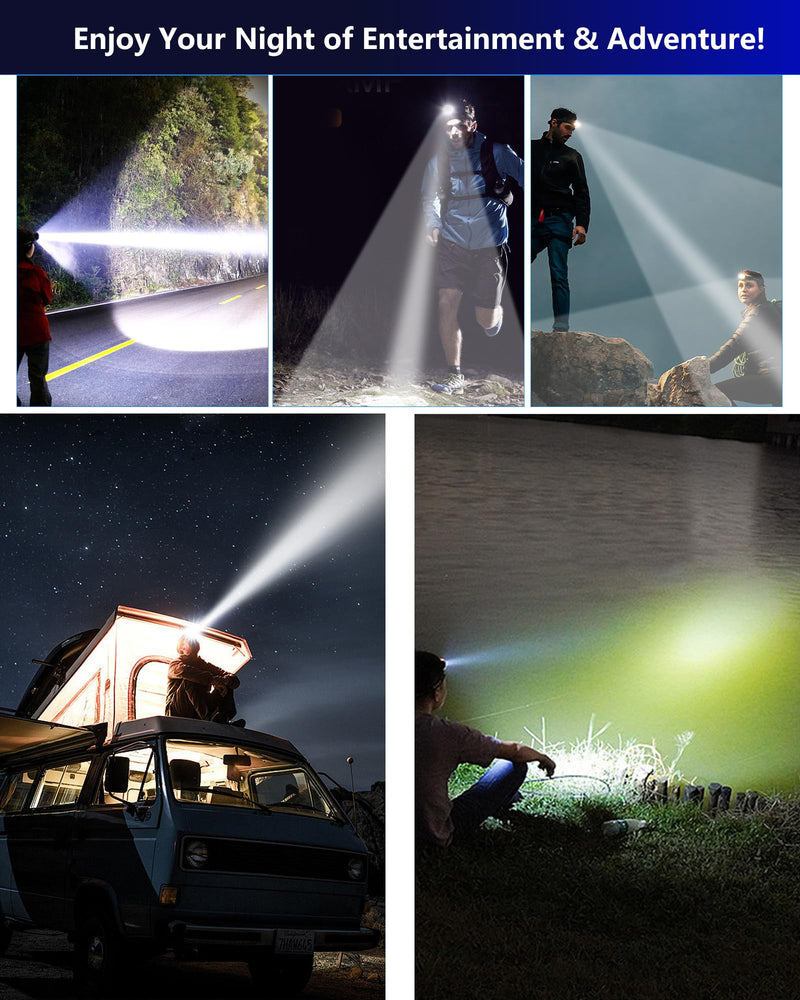 Rechargeable Headlamp, 100,000LM Bright HeadLamp, 40H Runtime Weatherproof LED Headlight, 90° Adjustable Zoom Headlights for Forehead, Hiking Camping Headlamps for Adults