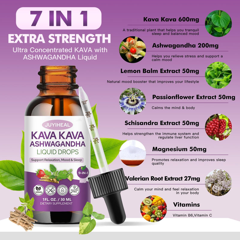 2 Pack Kava Kava Root Extract Supplement, High Concentration Kava with Ashwagandha, Lemon Balm, Valerian Root, Magnesium for Relaxation, Cognitive Support and Immune System, 1 Fl Oz 6.3 Ounce (Pack of 1) - BeesActive Australia
