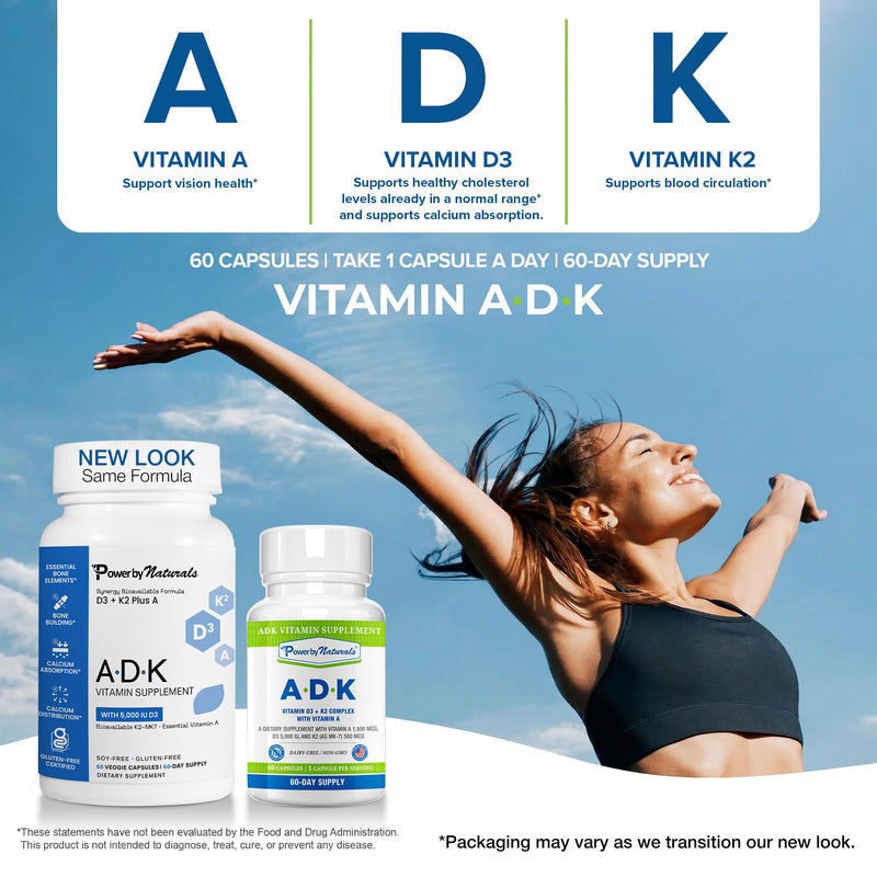 Power By Naturals ADK Vitamin Supplement - Vitamins A, D3 & K2 MK-7 | Vitamins D3 5000 IU & K2 MK-7 for Bone Health & Immune Support - Calcium Absorption - Gluten-Free, Soy-Free - 60ct (2-Month) 1