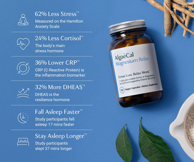 AlgaeCal Magnesium Relax for Sleep, Stress, & Cortisol, 60 Caps, 2 Packs | Chelated Magnesium Glycinate (350mg) with Sensoril® ashwagandha for sleep, stress, calm and cortisol support. Easy to swallow 60 Count (Pack of 2)