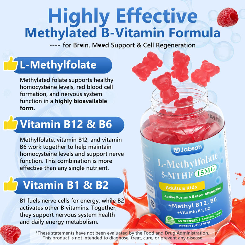 L-MethylFolate 15mg+ Methyl B12 Gummies for Kids & Adults - Active 5-MTHF with Methyl B6, B1, B2 Multivitamin, Supports MTHFR Gene, Cognition, Focus, Vegan, Raspberry Flavor, 120 Count 60 Count (Pack of 2)