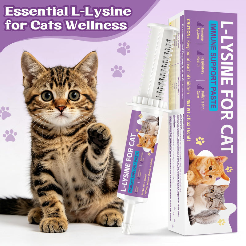 L-Lysine for Cats - Lysine for Cats Supports Immune System, Respiratory & Eye Health - Cat Supplement with Taurine, Omega-3, Vitamins & Herbal Blend - Chicken Flavor Gel, Easy to Feed, 60 ML (2 packs) 2PCS
