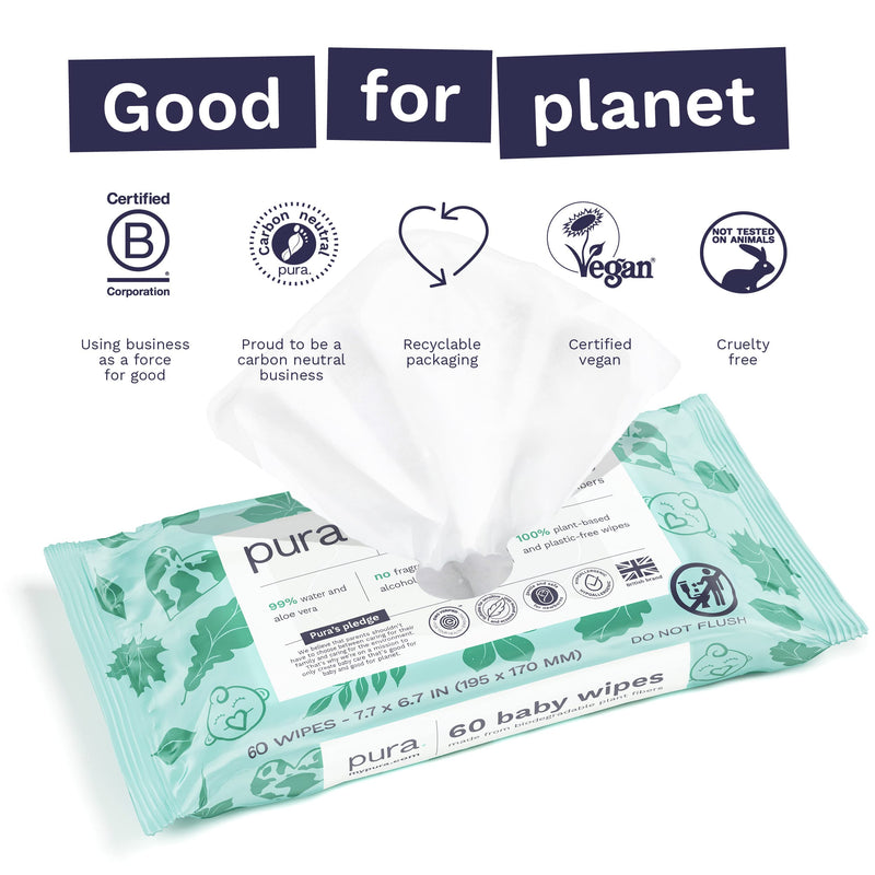 Pura Baby Wipes - 100% Plastic-Free & Plant Based Wipes, 99% Water, Suitable for Sensitive & Eczema-prone Skin, Fragrance Free & Hypoallergenic, Cruelty Free, EWG Verified, 1 Pack of 60 Wet Wipes 60 Count (Pack of 1) - BeesActive Australia