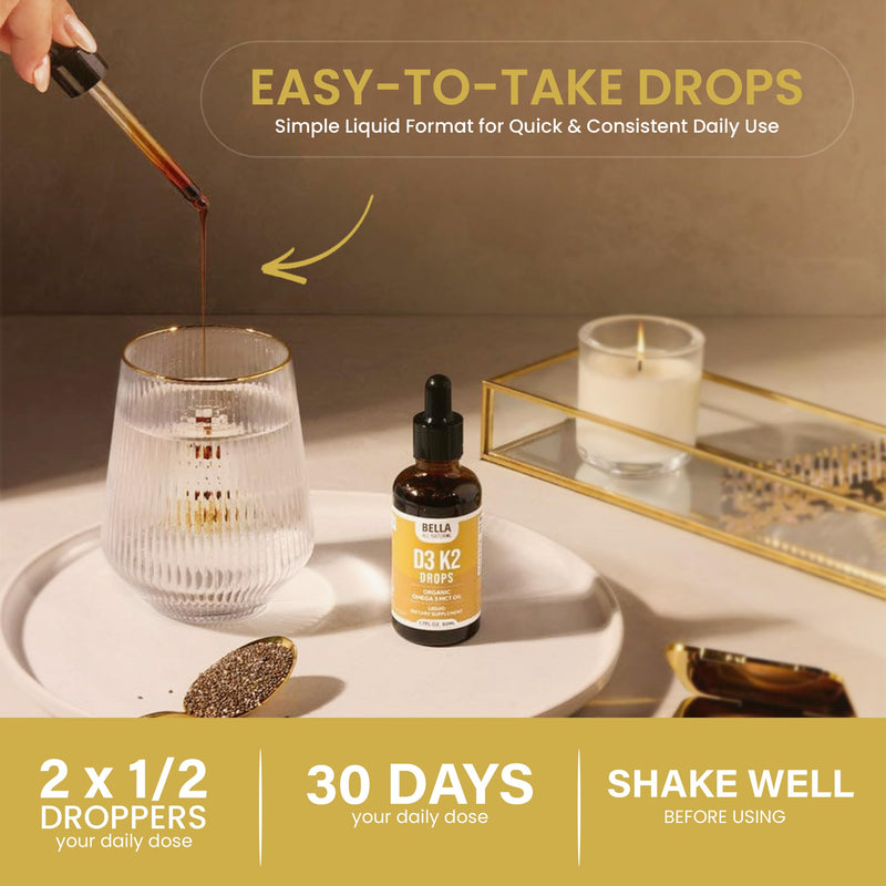 Bella All Natural Vitamin D3 K2 Liquid Drops 5000 IU (Unflavored) - Omega 3 with MCT Oil - Liquid Vitamin D Drops for Adults - This D3 K2 Drops Help Support Heart, Bone & Immune Health
