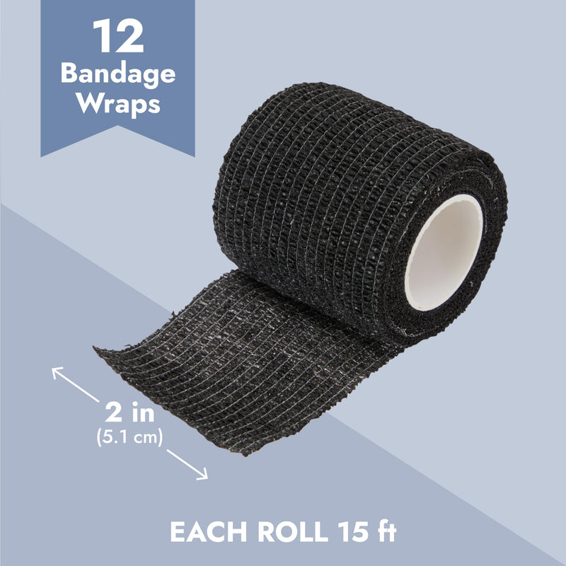 Juvale 12-Rolls Self Adhesive Bandage Wrap, Vet Tape - 2 in x 5 Yds Breathable, Elastic Cohesive Wrap Tape for Wrist, Swelling, Sports, Tattoo (Black) - BeesActive Australia