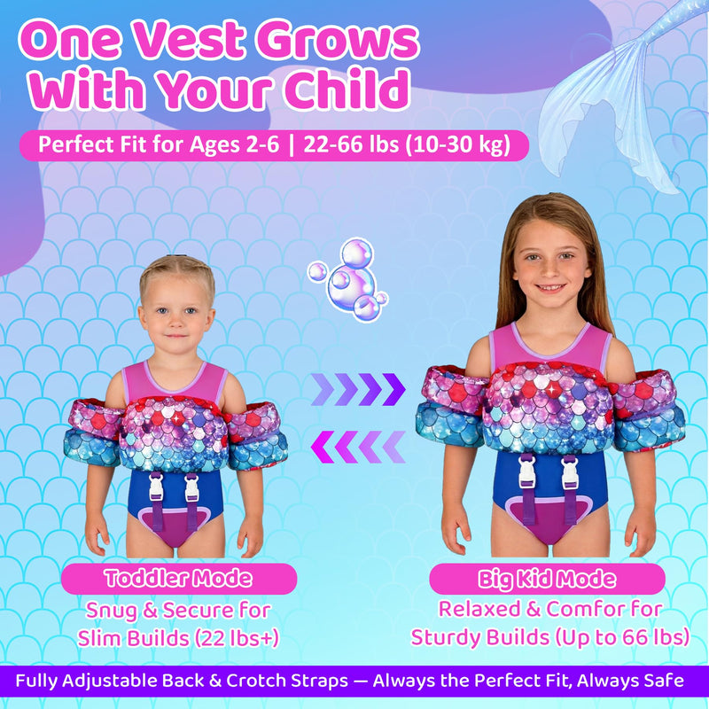 Vvinca Toddler Swim Vest 22-66 lbs, Swim Trainer for Boys Girls with Anti-Chafe Crotch Strap, Floaties for Kids 2-6 Years Old 01-Mermaid Scale