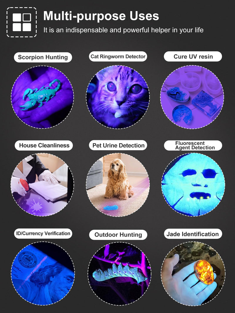 Black Lights UV Flashlight USB Rechargeable, 51 LED 365nm & 395nm Ultraviolet Flashlights, Blacklight for Pet Urine Detection, Portable Handheld Wood's lamp for Cat Ringworm,Bed Bug,Scorpions Hunting - BeesActive Australia