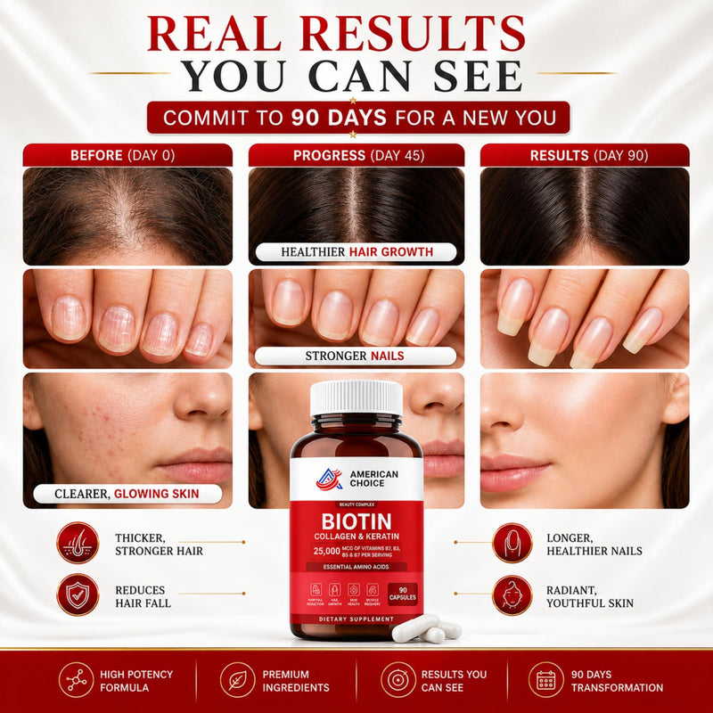 Biotin For Hair Growth Women & Men | Hair Skin and Nails Vitamins B2, B3, B5 and B7 - 25000 Mcg With Keratin Collagen Amino Acids and Minerals - Supports Stronger Nails, Healthy Skin - 90 Caps