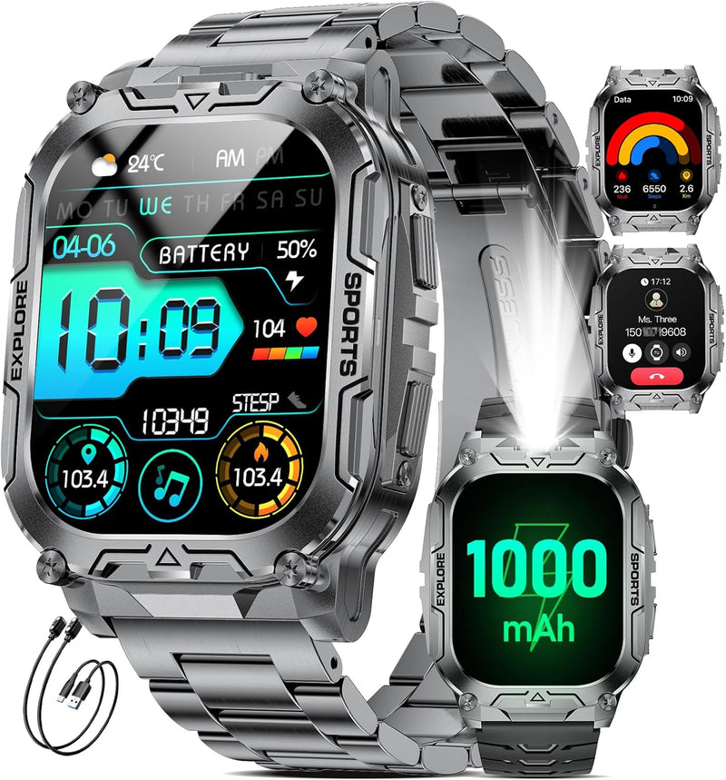 TX12 Smart Watch for Men, 1000 mAh Battery/LED Flashligh Military Smart Watches, 2.01'' HD Fitness Tracker, 100+ Sports Mode/Pedometer/IP68 Waterproof Smartwatch for Android iOS Phones