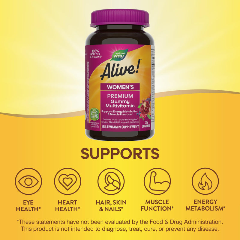 Nature's Way Alive! Premium Women's Gummy Multivitamin Supplement, 75 ct | Supports Cellular Energy Metabolism*, Muscle Function*, B-Vitamins, Grape, Cherry, & Blueberry-Acai Flavored, Gluten-Free