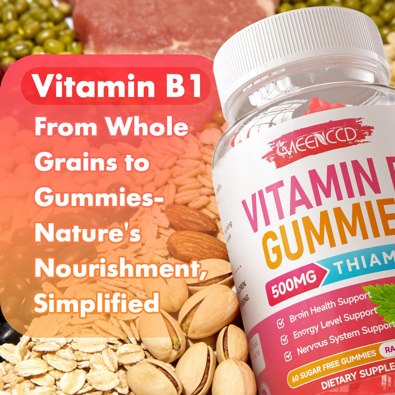 MEENCCD Vitamin B1 Gummies 500mg, Thiamine B1 Supplement Supports Energy Production, B1 Vitamin for Adults & Kids, Sugar-Free, Vegan, Raspberry Flavor, 60 Count 60 Count (Pack of 1)