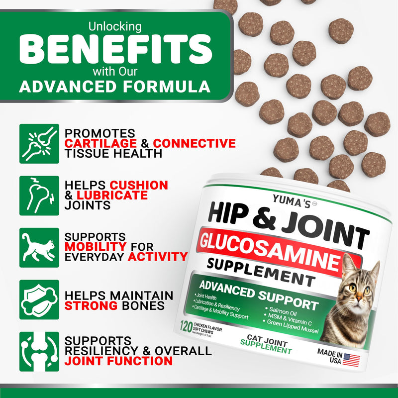 YUMA'S Cat Hip and Joint Health Supplement Chews – Advanced Glucosamine for Cats – MSM, Chondroitin & Omega-3 Salmon Oil – Supports Mobility, Joint Pain Relief, Cat Vitamins for Indoor & Outdoor Cats 120 Chews Cat Hip & Joint