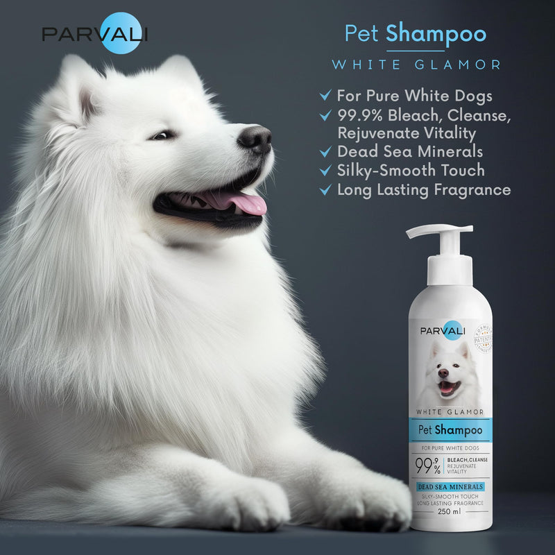 Natural Dead Sea White Glamor Pet Shampoo (250 ml, 8.45 fl oz). Gentle Bleaching for White Fur Breeds. Silky-Touch, Minerals Rich, Extra-Scented Formula for Gentle and Easy Application. Enjoy! White Fur Shampoo - BeesActive Australia