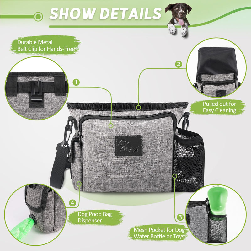 Large Dog Treat Pouch for Training with Magnetic Closure, Portable Dog Walking Fanny Pack Built-in Poop Bag Dispenser and Multiple Pockets, Includes Waist Belt Clip, Adjustable Shoulder Strap (Grey) Grey - BeesActive Australia