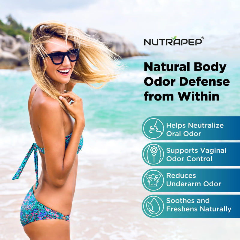 NutraPep Body Deodorizing Supplement - Odor Eliminator & Internal Deodorant Pills for Fresh Breath Skin Health & Detox - Full Body Deodorizer Capsules with Chlorophyll Complex Vitamins 90 Count (Pack of 2)