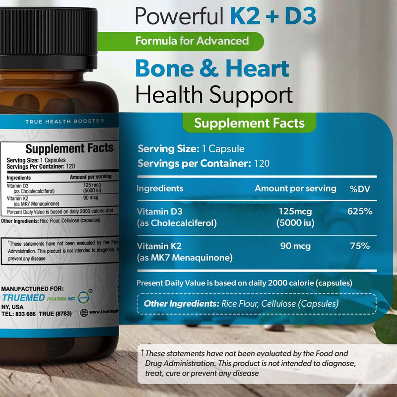 Vitamin D3 K2 Bone Health, Heart Support & Calcium Absorption Supplement | Immune Wellness, 5000 IU D3 with MK7 K2 90mcg, 120 Veg Capsules, Non-GMO, Gluten Free, Made in USA