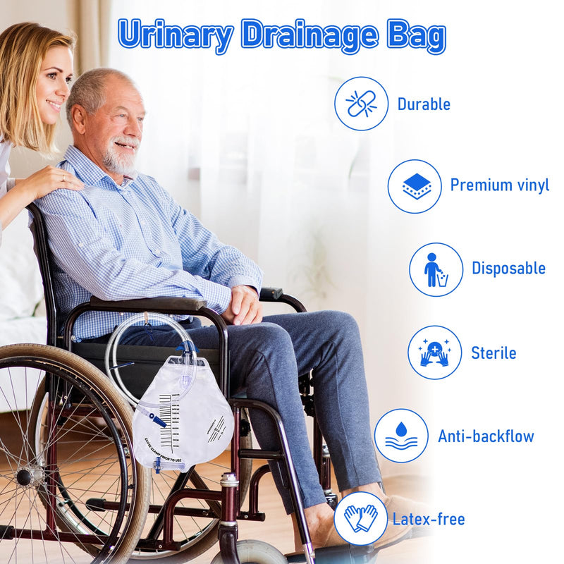 3 Pack 2000ml Sterile Urinary Drainage Bags with Anti-Reflux Chamber, Urine Bag with 48" Drainage Tube for Men and Women, Overnight Bedside Disposable 3 Pack 2000ML