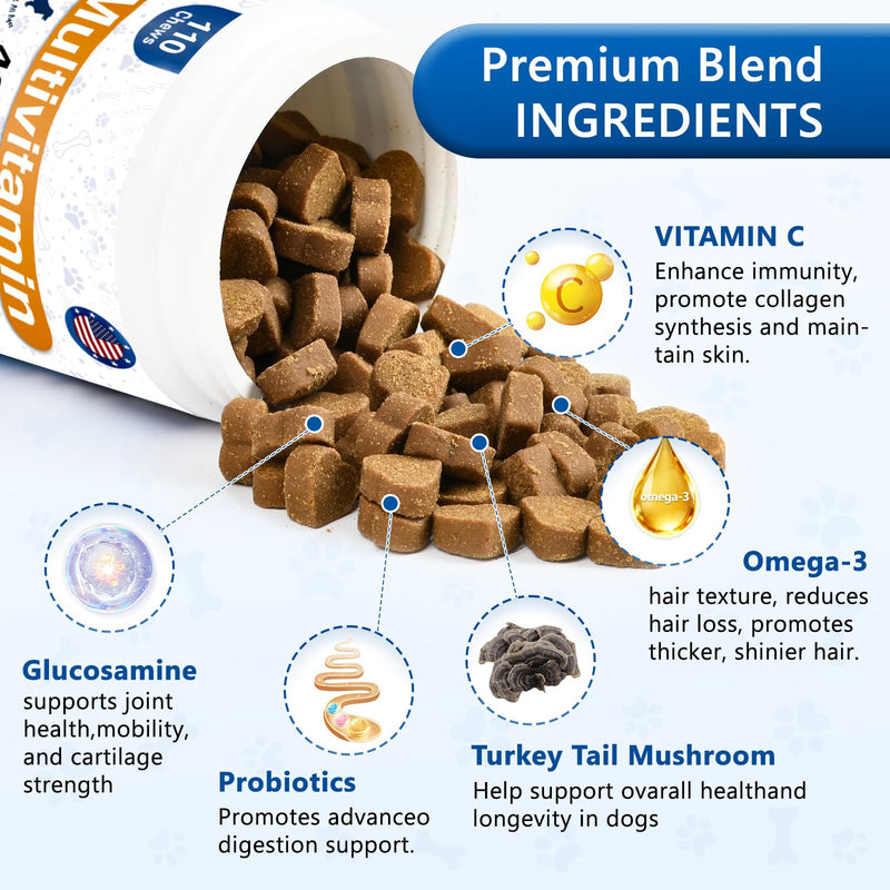 Dog Multivitamin, 40-in-1 Dog Vitamins and Supplements Chewable Contain Probiotics Omega-3 Glucosamine, Multivitamin for Dogs Skin Coat Heart Joint Liver Brain Eyes Immune Support (110ct) 110 Count