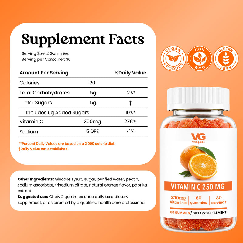 Vita Globe Vitamin C 250mg Gummies with Collagen, Immune Support, Non-GMO | Chewable Vitamin C Supplement for Adults, Vegan Daily Immune Booster, 60 Gummies 60 Count (Pack of 1)