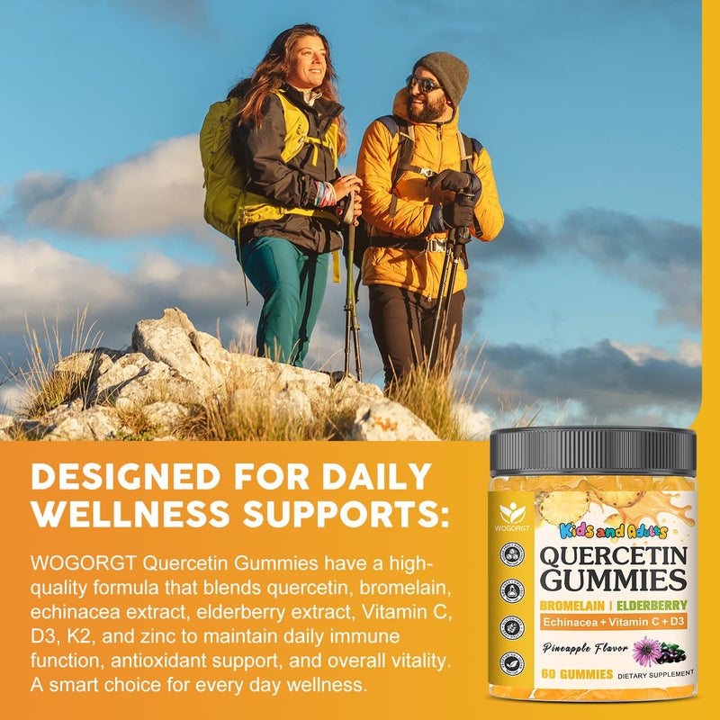 800mg Quercetin with Bromelain Gummies for Kids & Adults, Sugar Free, 60 Ct | WOGORGT - Quercetin Gummies with Bromelain, Zinc, Elderberry & D3, Immune, Seasonal Wellness Support, Vegan, Pineapple Flavor 60 Count (Pack of 1)