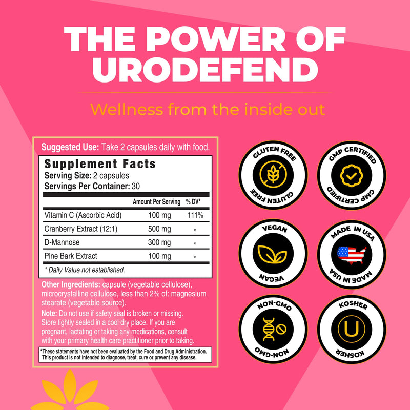 UroDefend UTI Protection Formula | Cranberry PACs | Physician Formulated | Additive Free + Gluten Free | Cranberry Extract, Pine Bark Extract, D Mannose, Vitamin C | 60 Capsules